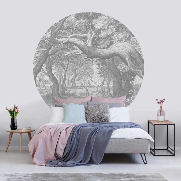 Self-adhesive round wallpaper - Forest Copperplate Engraving