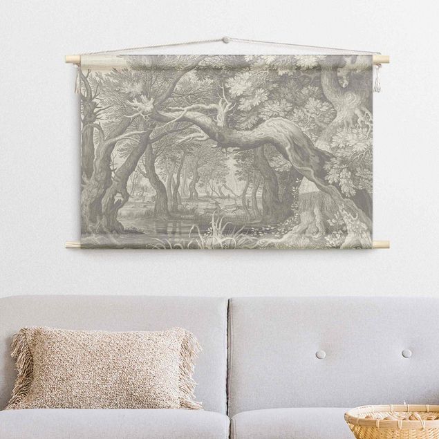vintage tapestry wall hanging Forest Copperplate Engraving