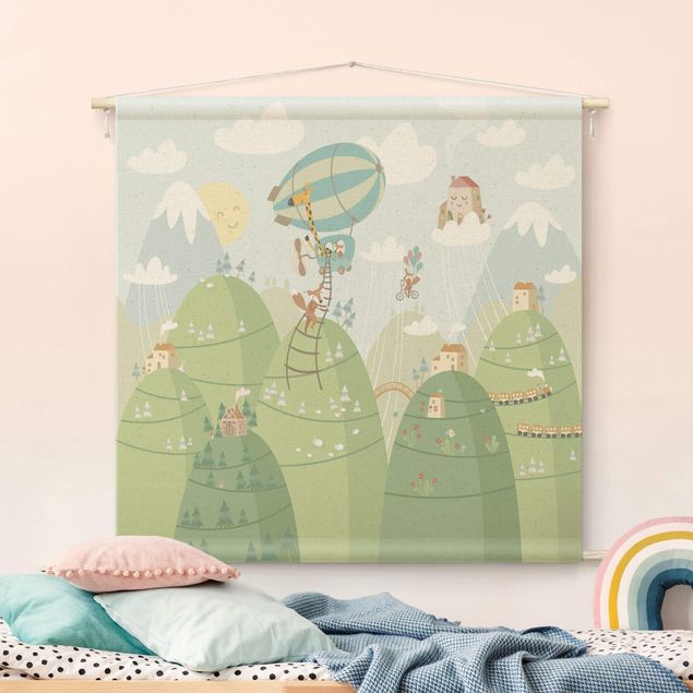 nature wall tapestry Forest With Houses And Animals