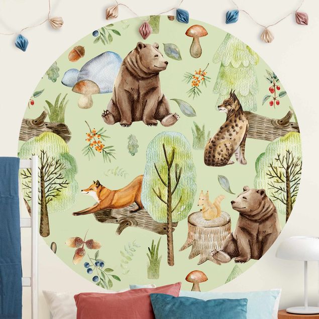 Self-adhesive round wallpaper - Forest Friends Bear With Squirrel