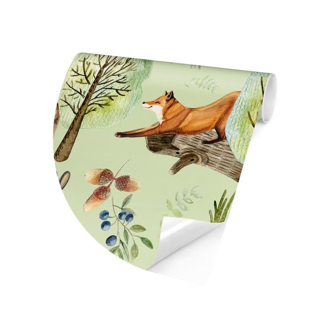 Self-adhesive round wallpaper - Forest Friends Bear With Squirrel