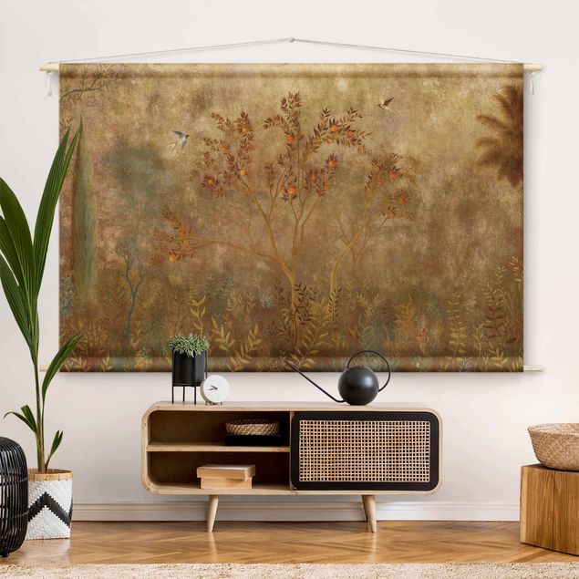 modern wall tapestry Forest Clearing Orange Tree At Day