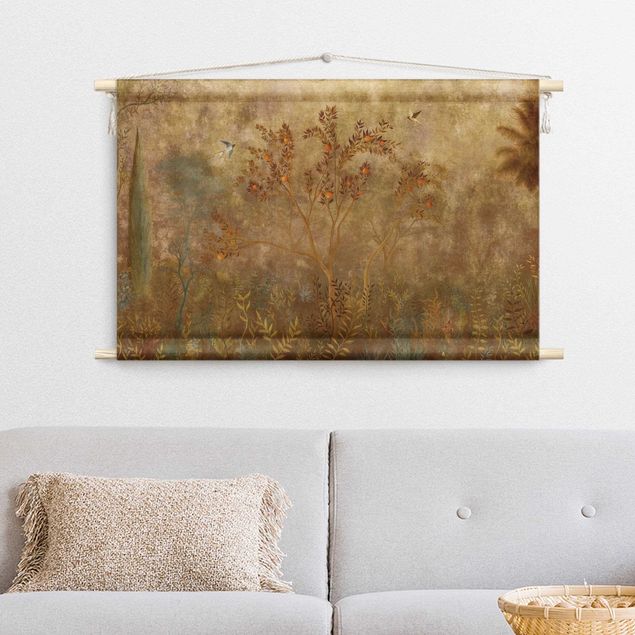 vintage tapestry wall hanging Forest Clearing Orange Tree At Day