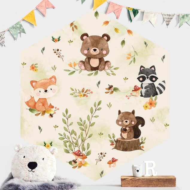 Self-adhesive hexagonal wall mural Forest Animals Autumn Bear Squirrel Raccoon