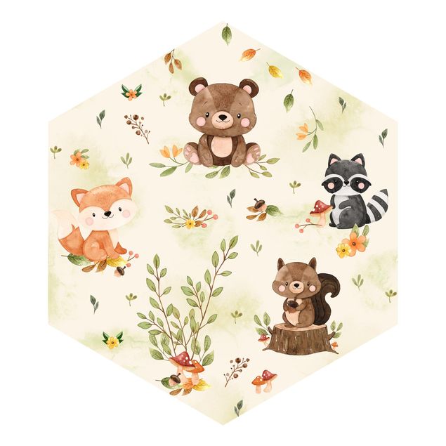 Self-adhesive hexagonal pattern wallpaper - Forest Animals Autumn Bear Squirrel Raccoon