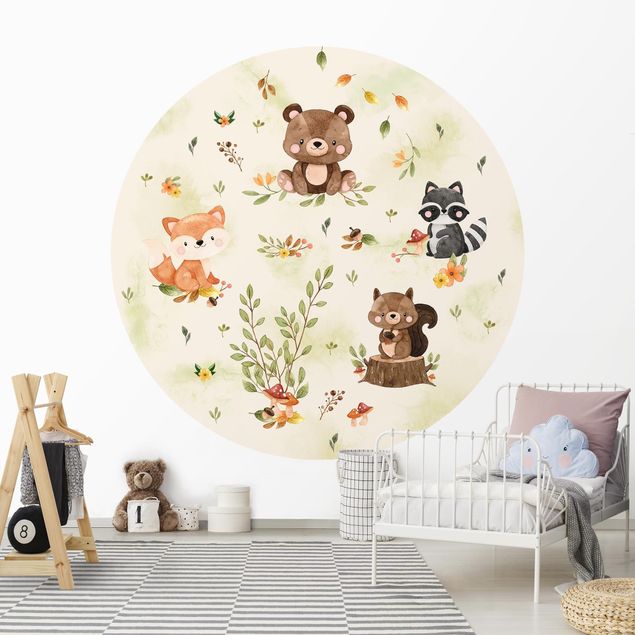 Self-adhesive round wallpaper - Forest Animals Autumn Bear Squirrel Raccoon