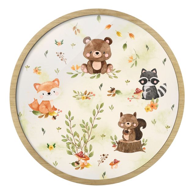 Circular framed print - Forest Animals Autumn Bear Squirrel Raccoon