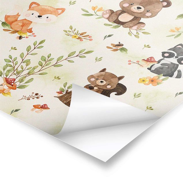 Poster - Waldtiere Herbst Fuchs Bär Eichhörnchen Waschbär
