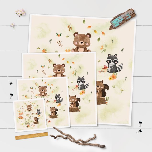 Poster - Waldtiere Herbst Fuchs Bär Eichhörnchen Waschbär