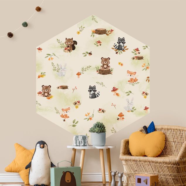 Self-adhesive hexagonal pattern wallpaper - Forest Animals Autumn