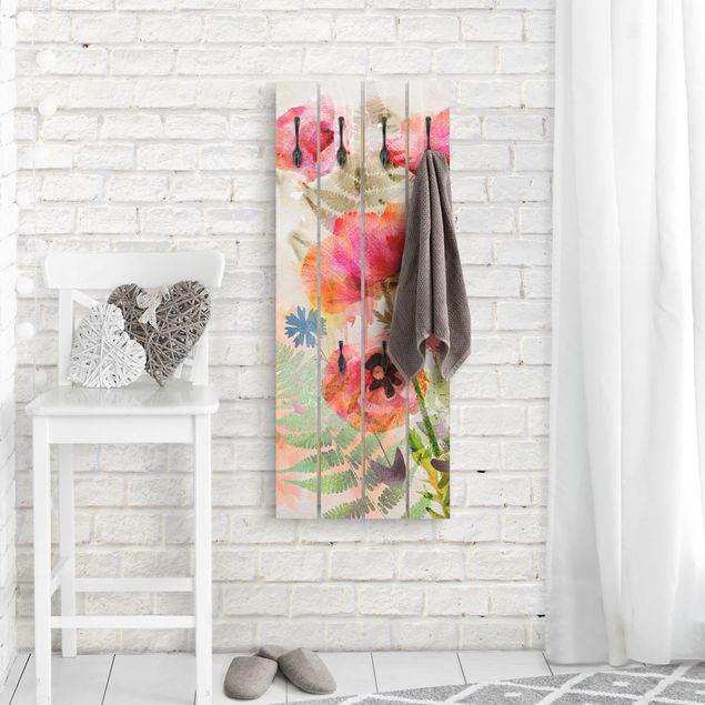 Wooden coat rack - Watercolour Flowers Poppy