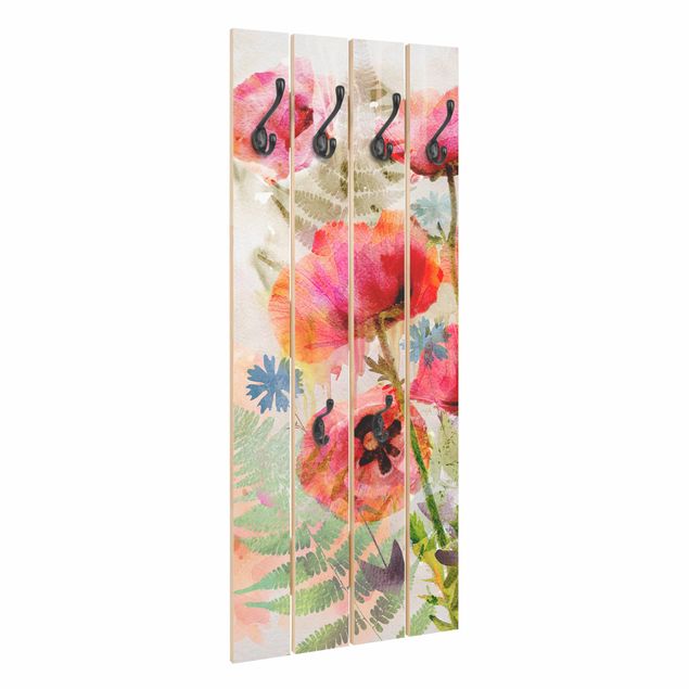 Wooden coat rack - Watercolour Flowers Poppy