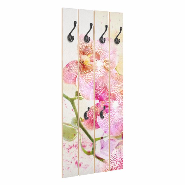 Wooden coat rack - Watercolour Flowers Orchids