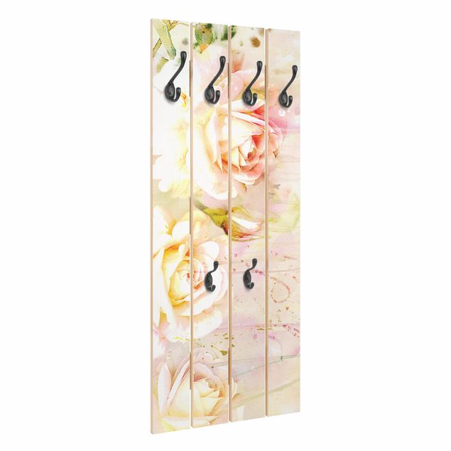 Wooden coat rack - Watercolour Flowers Roses