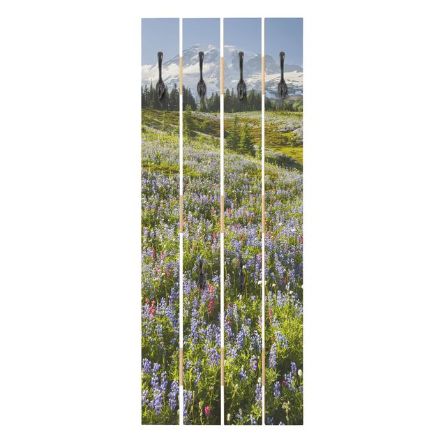 Wooden coat rack - Mountain Meadow With Red Flowers in Front of Mt. Rainier