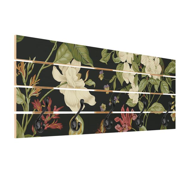 Wooden coat rack - Garden Flowers On Black II