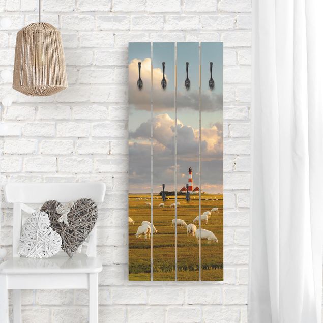 Wooden coat rack - North Sea Lighthouse With Flock Of Sheep