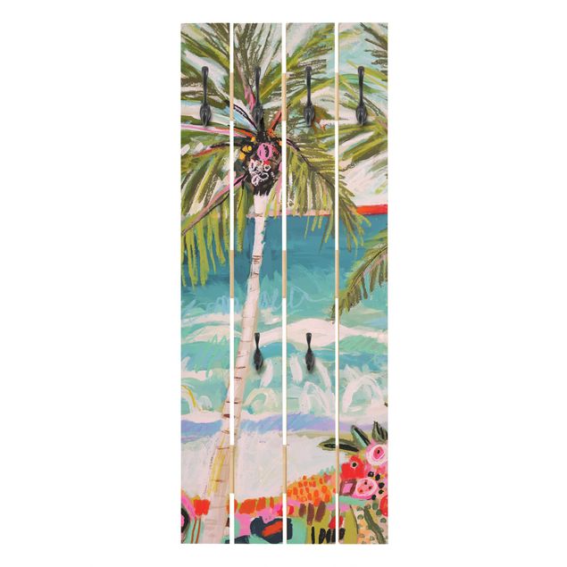 Wooden coat rack - Palm Tree With Pink Flowers I