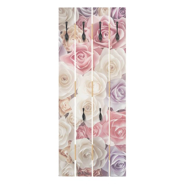 Wooden coat rack - Pastel Paper Art Roses