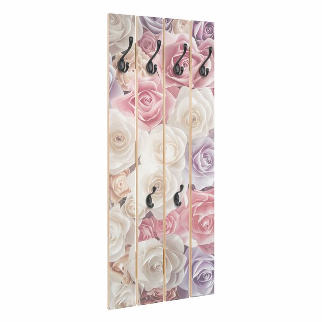 Wooden coat rack - Pastel Paper Art Roses