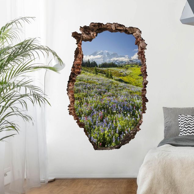 Plant wall decals Mountain Meadow With Red Flowers in Front of Mt. Rainier Break Through Wall