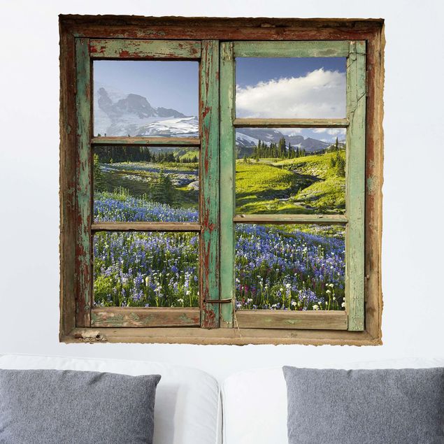 Wall decal forest Window View of a Mountain Meadow With Flowers in Front of Mt. Rainier