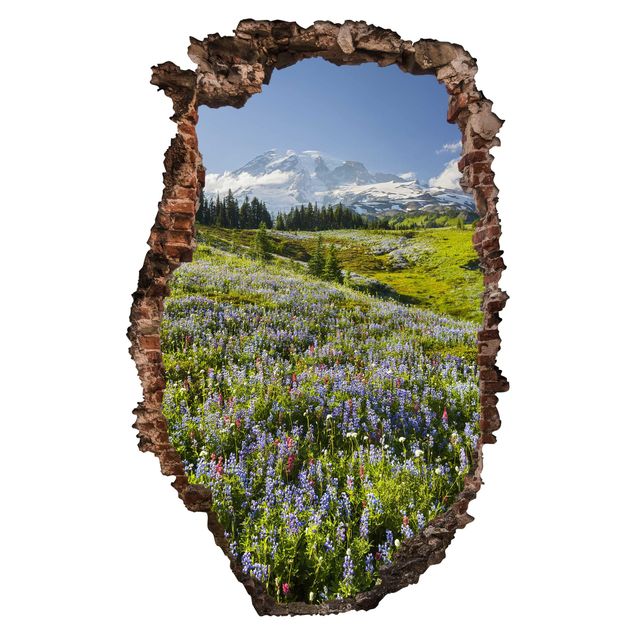 Wall decal Mountain Meadow With Red Flowers in Front of Mt. Rainier Break Through Wall