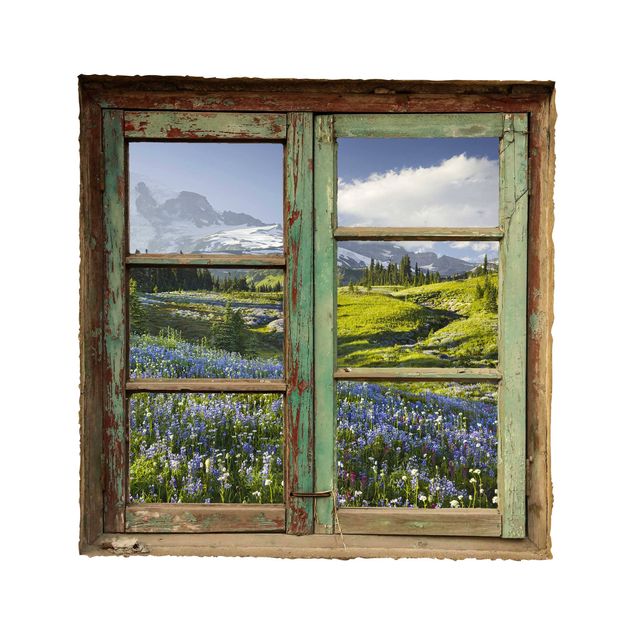 3d wallpaper sticker Window View of a Mountain Meadow With Flowers in Front of Mt. Rainier