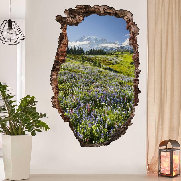 3d wallpaper sticker Mountain Meadow With Red Flowers in Front of Mt. Rainier Break Through Wall