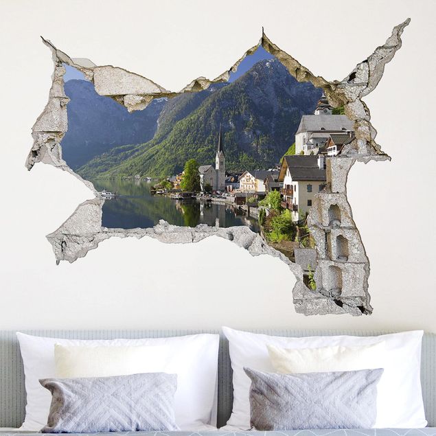 3d wallpaper sticker Hallstatt Lake And Mountain Views