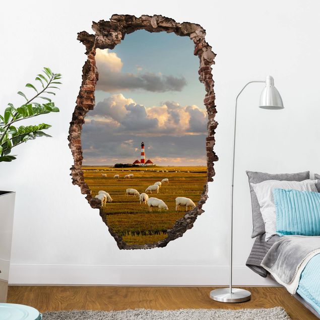 3d wall art stickers North Sea Lighthouse With Flock Of Sheep