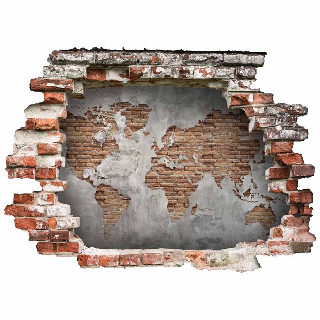 3d wall art stickers Shabby Concrete Brick World Map