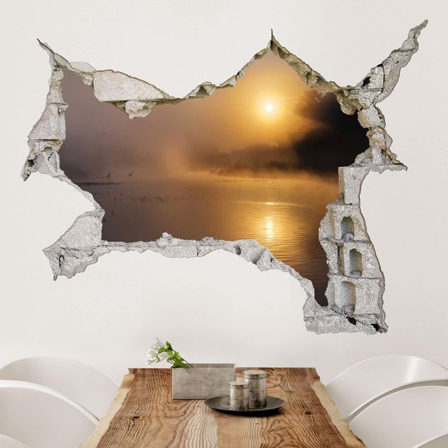 Wall stickers 3d Sunrise on the lake with deers in the fog