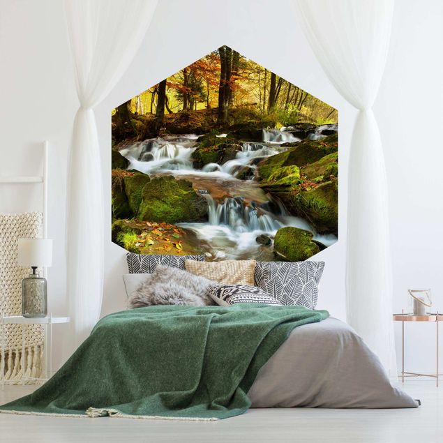 Self-adhesive hexagonal pattern wallpaper - Waterfall Forest In The Fall