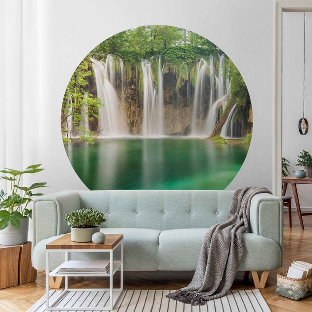 Self-adhesive round wallpaper forest - Waterfall Plitvice Lakes