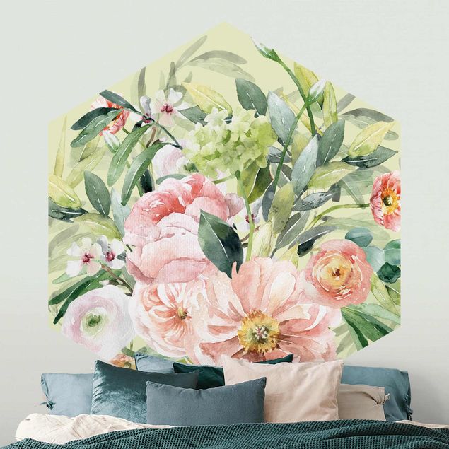 Self-adhesive hexagonal pattern wallpaper - Watercolour Pink Flower Bouquet