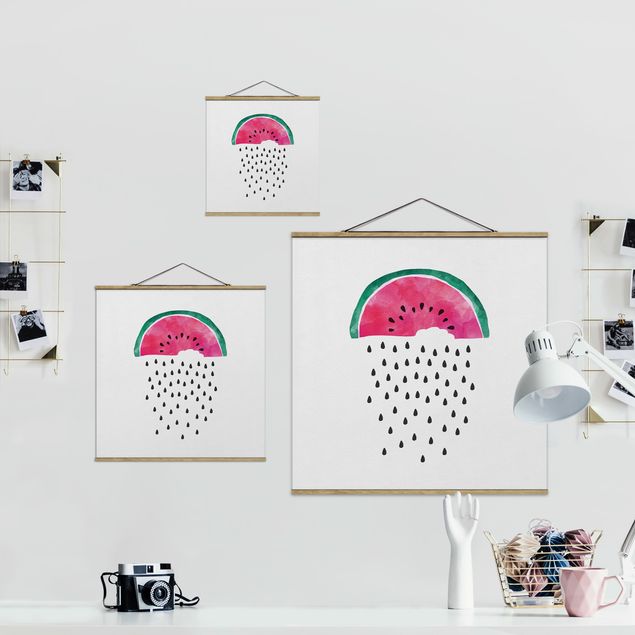 Fabric print with poster hangers - Watermelon Rain - Square 1:1