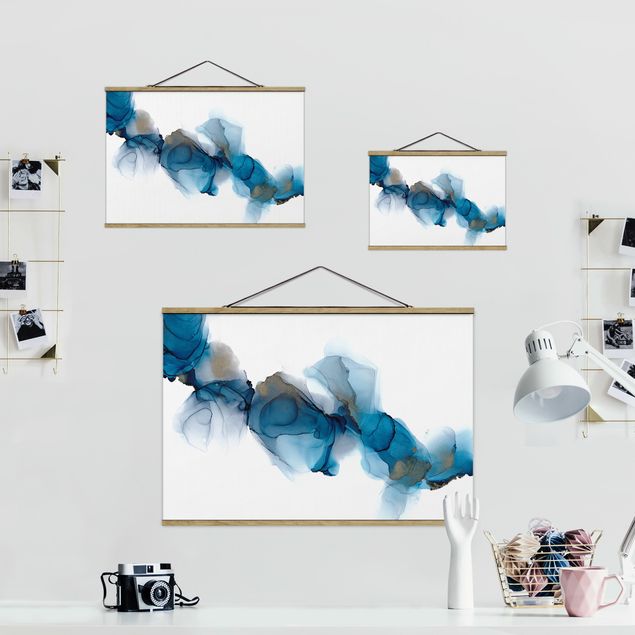 Fabric print with poster hangers - The Wind's Path Blue And Gold - Landscape format 3:2