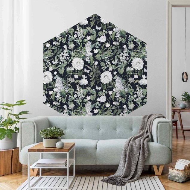 Self-adhesive hexagonal wall mural - White Flowers And Butterflies On Blue