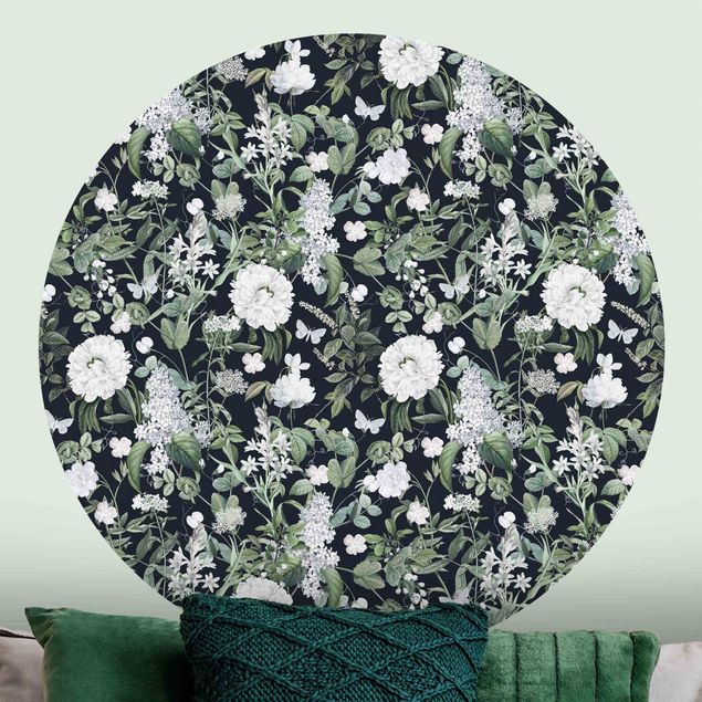 Self-adhesive round wallpaper - White Flowers And Butterflies On Blue