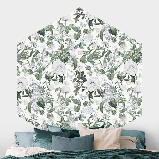 Self-adhesive hexagonal wall mural White Flowers And Butterflies