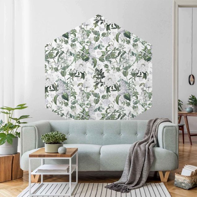 Self-adhesive hexagonal wall mural - White Flowers And Butterflies
