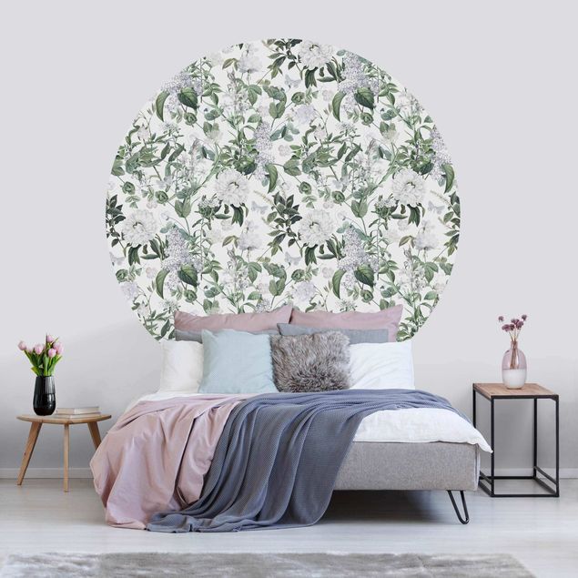 Self-adhesive round wallpaper - White Flowers And Butterflies