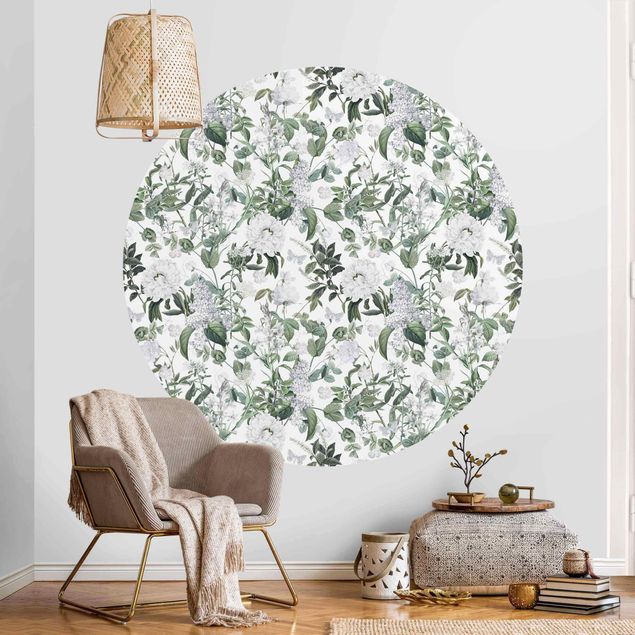 Self-adhesive round wallpaper - White Flowers And Butterflies