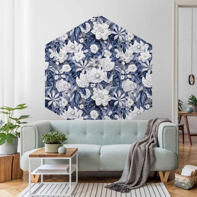 Self-adhesive hexagonal pattern wallpaper - White Flowers In Front Of Blue