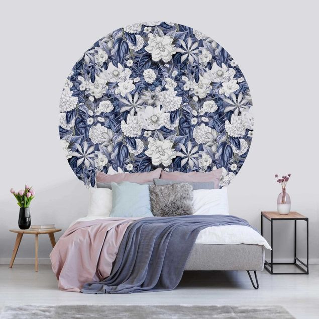 Self-adhesive round wallpaper - White Flowers In Front Of Blue