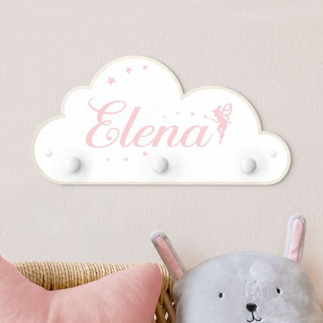Coat rack for children - White Fairies Cloud With Customised Name Pink