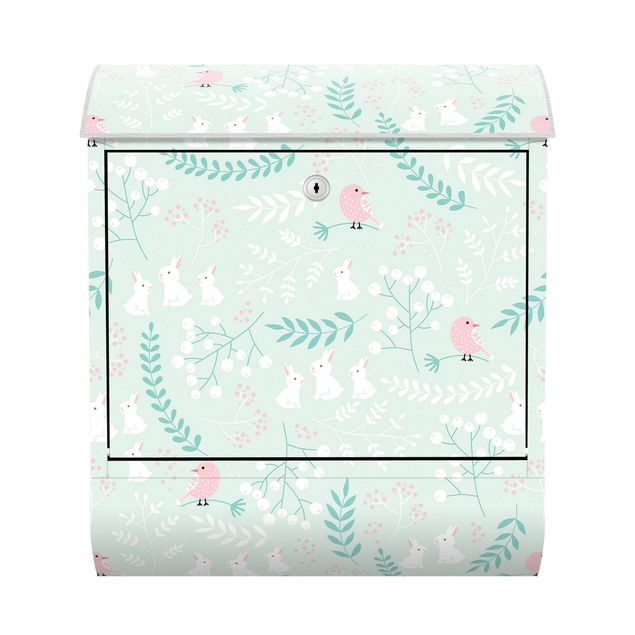 Letterbox - White Rabbits And Light Pink Birds In Thicket