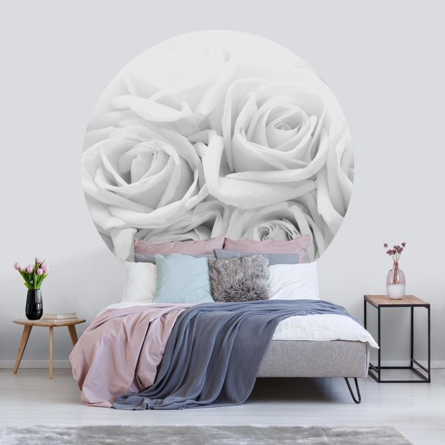 Self-adhesive round wallpaper - White Roses Black And White