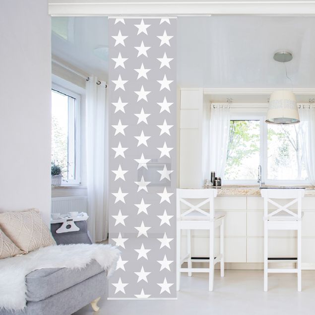 Sliding panel curtains set - White Stars On Grey Background